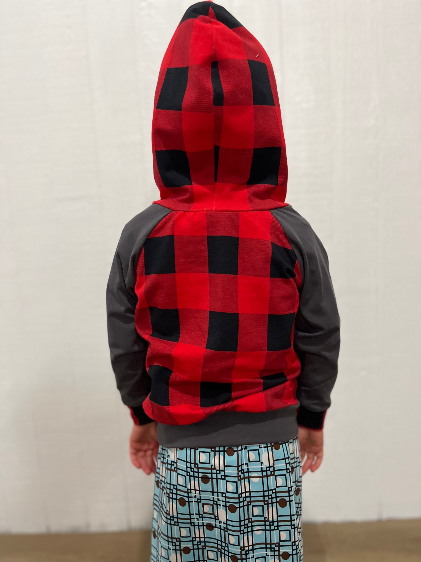 Buffalo plaid/ gray hoodie 12-18 months