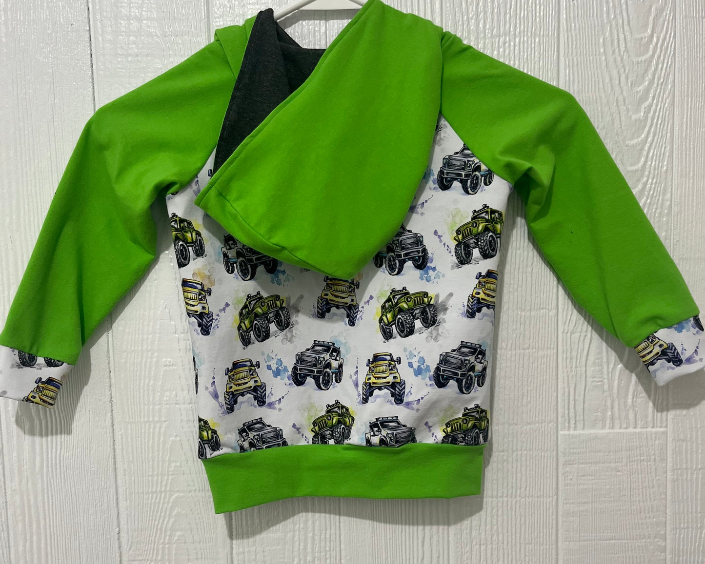 Monster trucks / lime green hoodie 18-24 months
