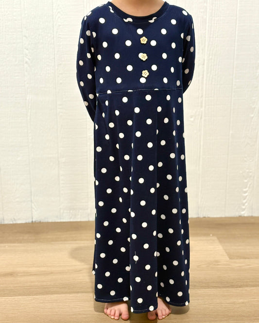 Long Sleeve Navy Polka Dot dress  - 4T